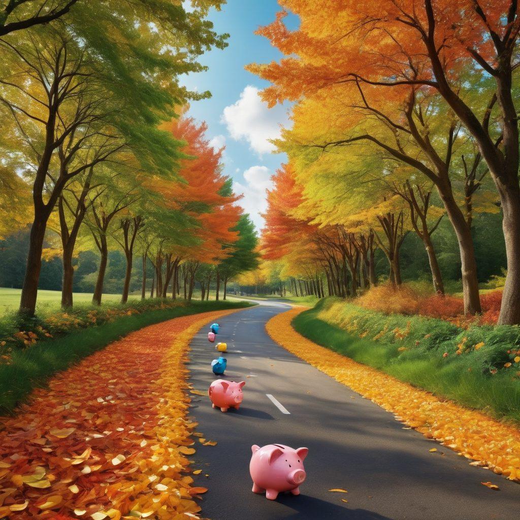 A bright, winding road symbolizing the journey to financial freedom, lined with happy, diverse customers joyfully interacting with modern banking platforms. Include elements like piggy banks, digital screens showing upward financial graphs, and trees with dollar bills as leaves. Create a warm, inviting atmosphere that conveys satisfaction and positivity. vibrant colors. super-realistic.