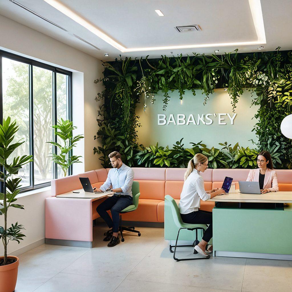 A serene and modern banking environment featuring a diverse group of happy people using user-friendly digital banking tools on their devices. Include elements like greenery and sunlight to symbolize financial wellbeing, with soft colors and a welcoming atmosphere. Incorporate cheerful bank staff assisting customers in an inviting, minimalist office. super-realistic. vibrant colors.