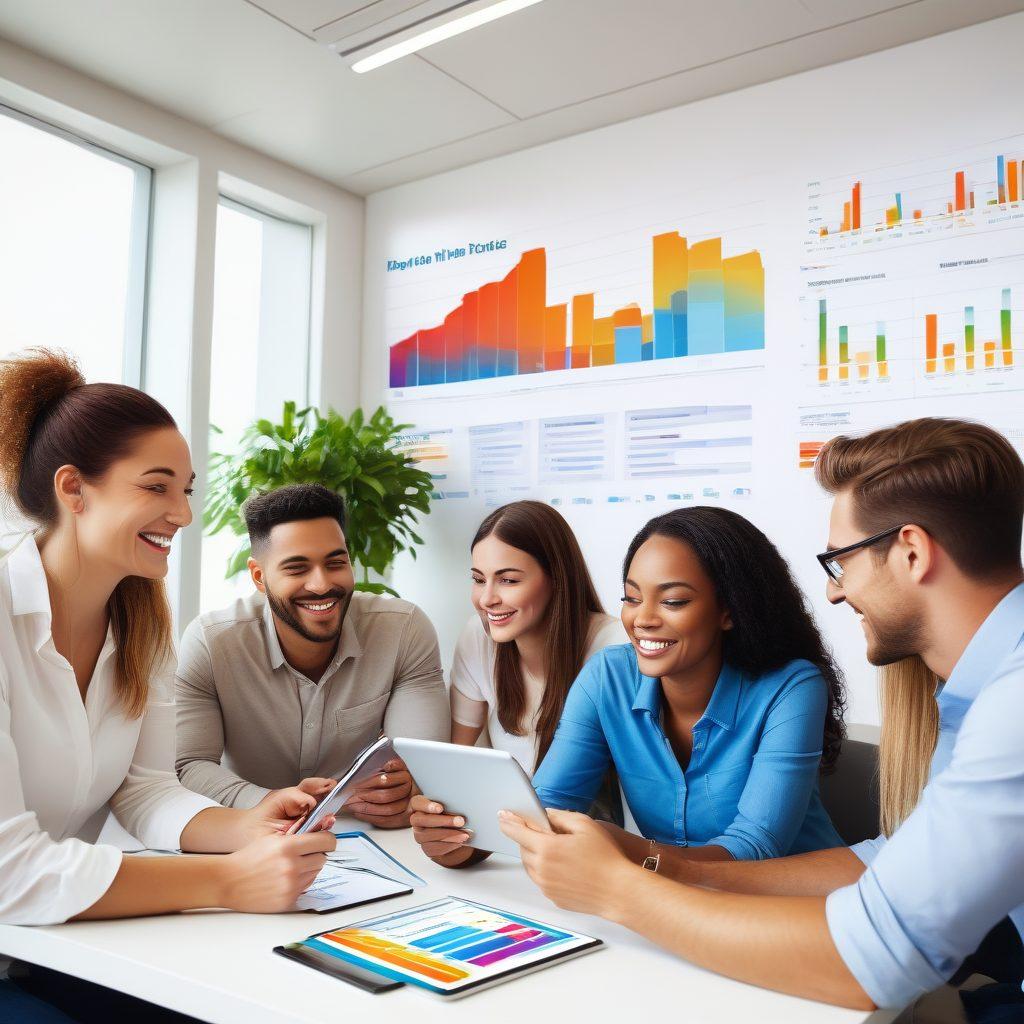 A diverse group of happy customers seated around a modern bank environment, engaging with friendly bank staff. They are reviewing financial plans on tablets, with bright smiles and a warm atmosphere. The backdrop should showcase vibrant graphics illustrating financial growth and positivity. Include elements like charts, sunshine, and greenery for a sense of wellbeing. super-realistic. vibrant colors. white background.